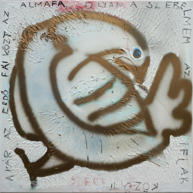 <strong>Taube</strong> (2017) | Spray, Strukturpaste und Blumen | 60 × 60 cm