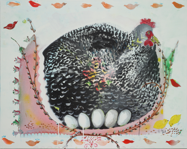 <strong>Fünf Eier</strong> (2017) | Acryl auf Leinwand | 80 × 100 cm