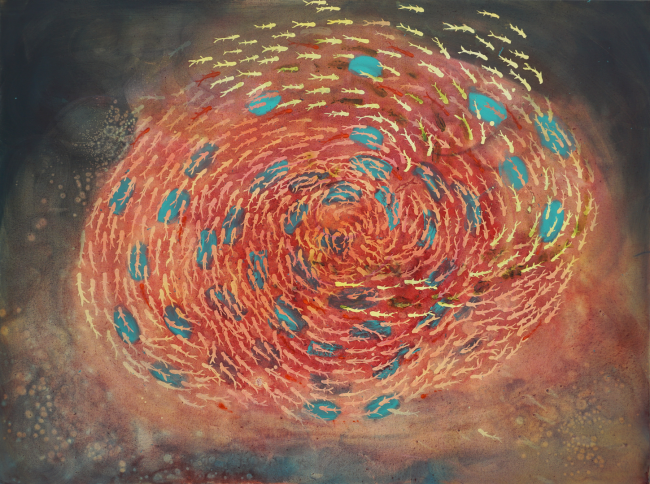 <strong>Fischschwarm</strong> (2017) | Acryl auf Leinwand | 120 × 160 cm