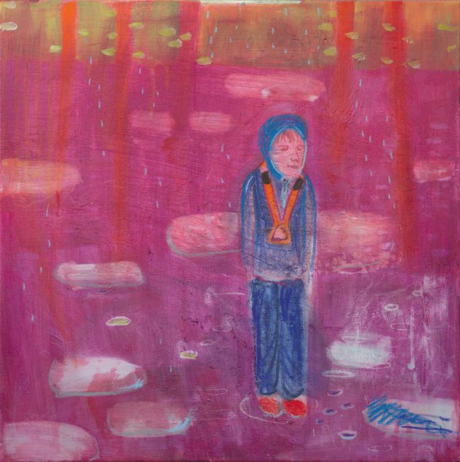 <strong>Junge im Regen</strong> (2023) | Acryl und Ölpastell auf Leinwand | 60 × 60 cm