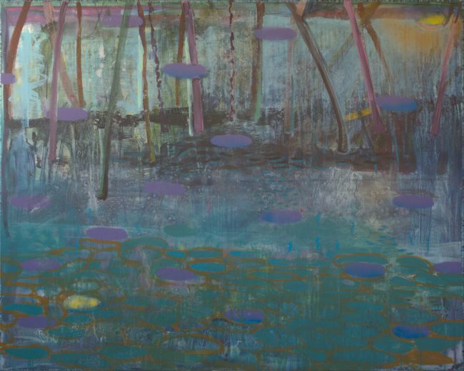 <strong>Wald im Regen</strong> (2023) | Acryl auf Leinwand | 120 × 150 cm